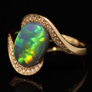 Yellow Gold Blue Green Yellow Orange Black Opal and Diamond Ring