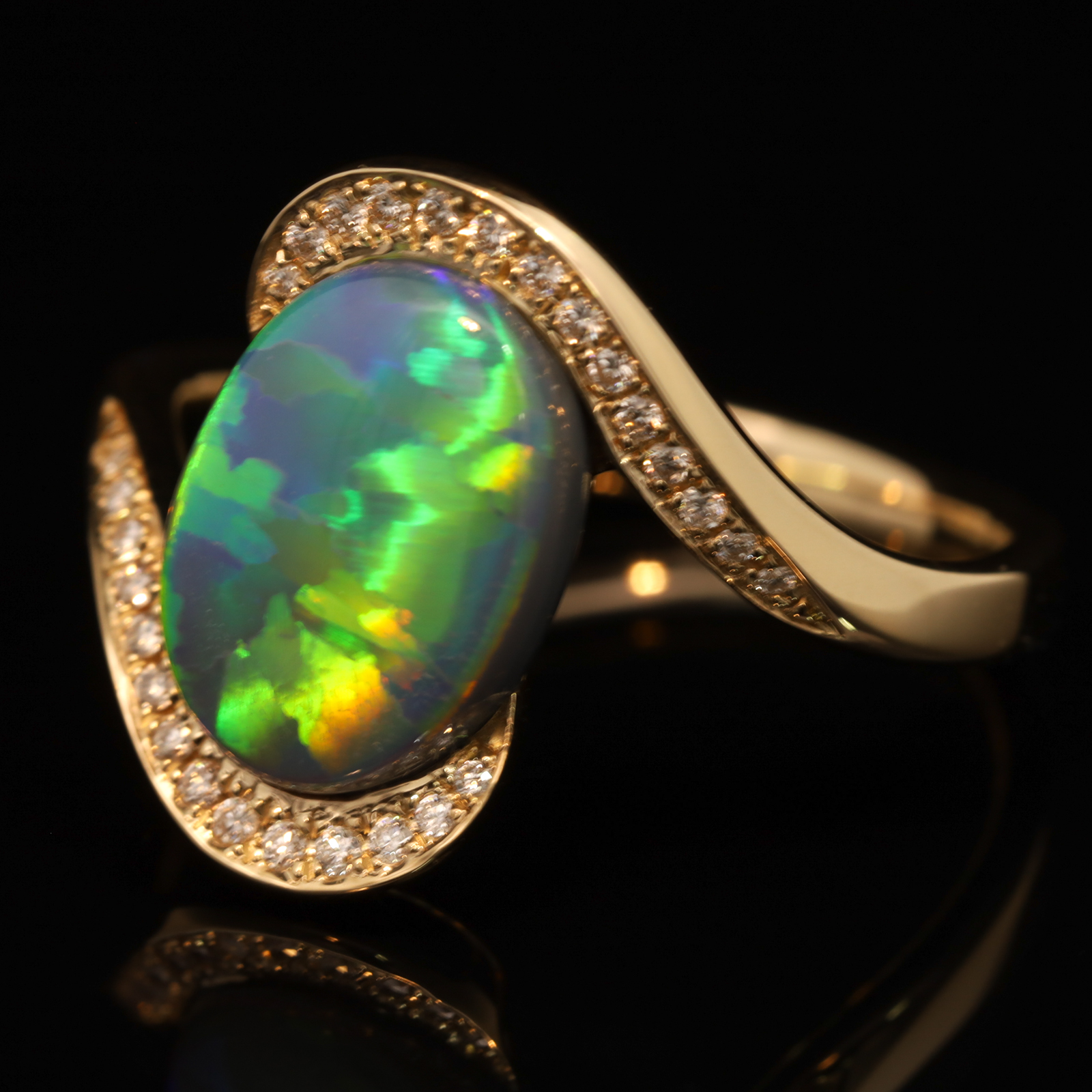 Yellow Gold Blue Green Yellow Orange Black Opal and Diamond Ring