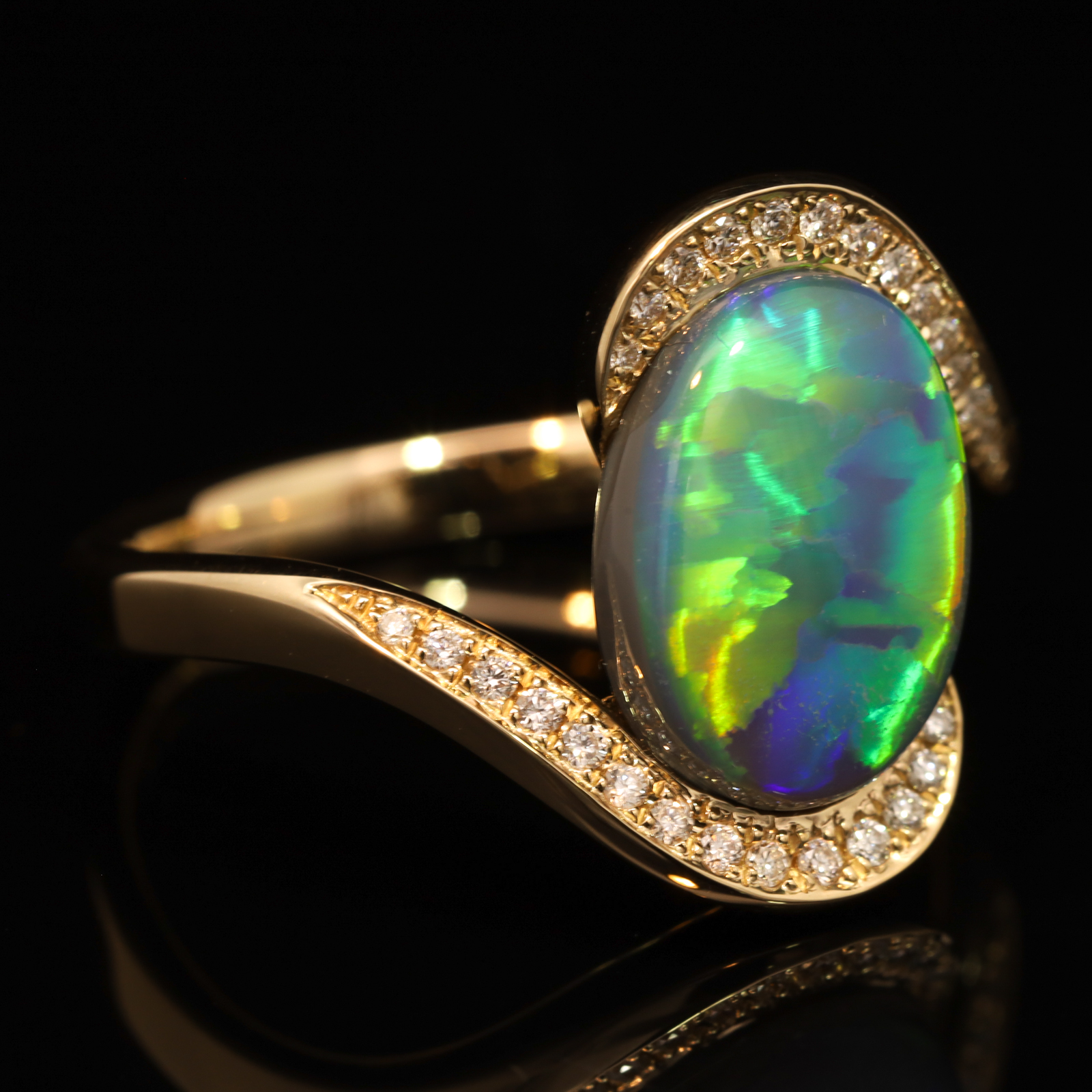 Yellow Gold Blue Green Yellow Orange Black Opal and Diamond Ring