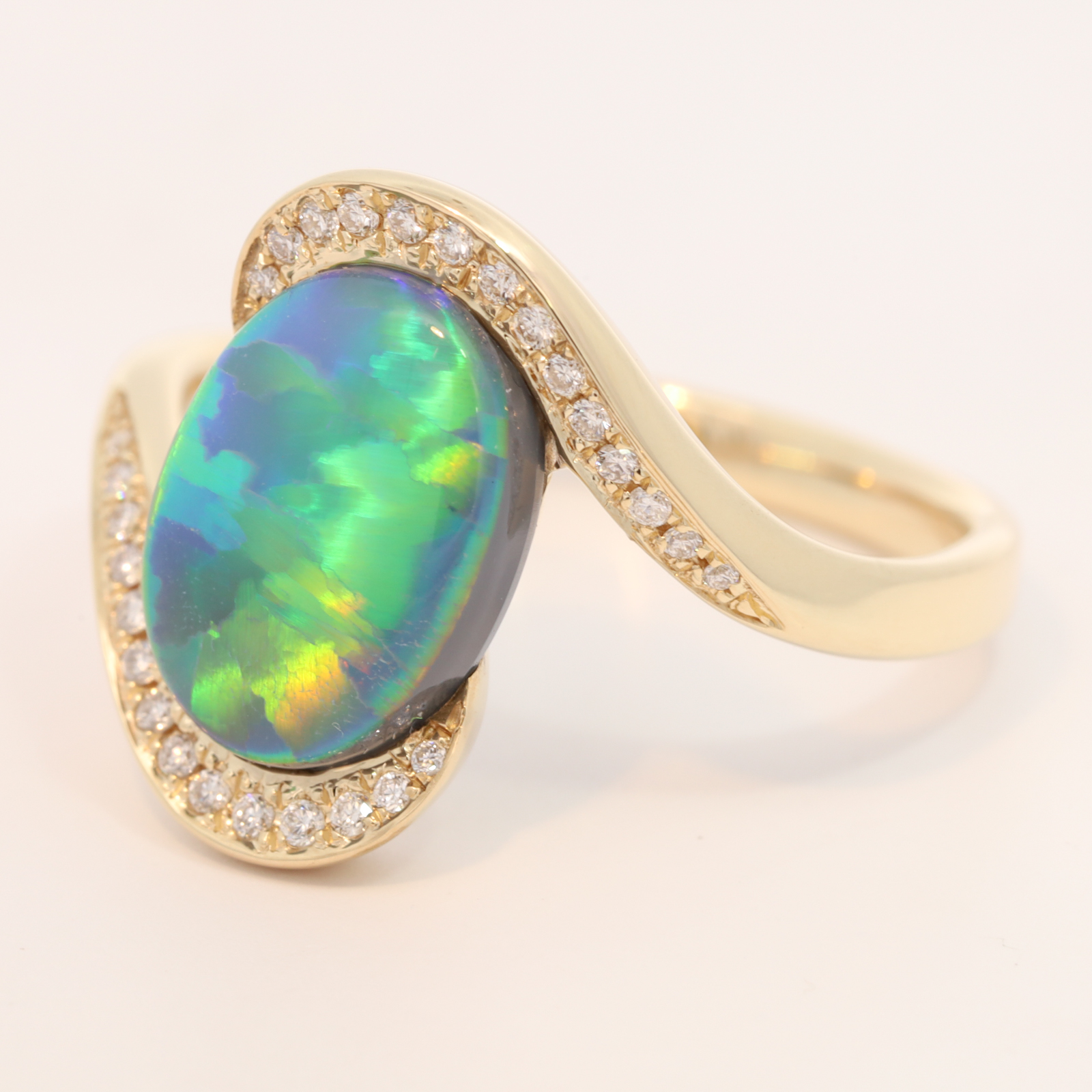 Yellow Gold Blue Green Yellow Orange Black Opal and Diamond Ring