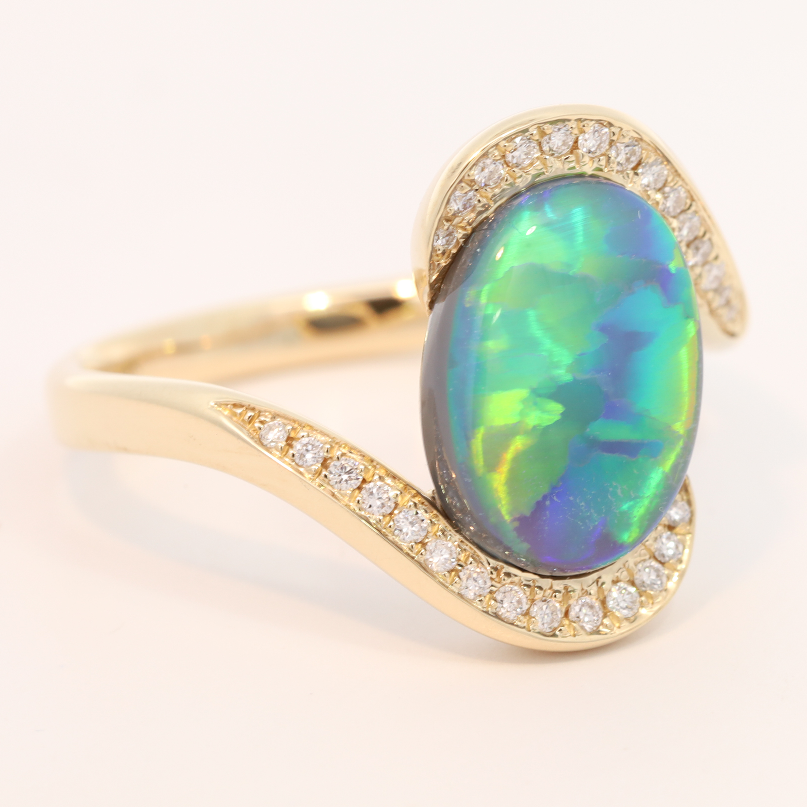 Yellow Gold Blue Green Yellow Orange Black Opal and Diamond Ring