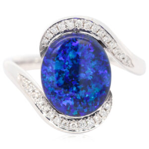 White Gold Blue Green Purple Black Opal and Diamond Ring