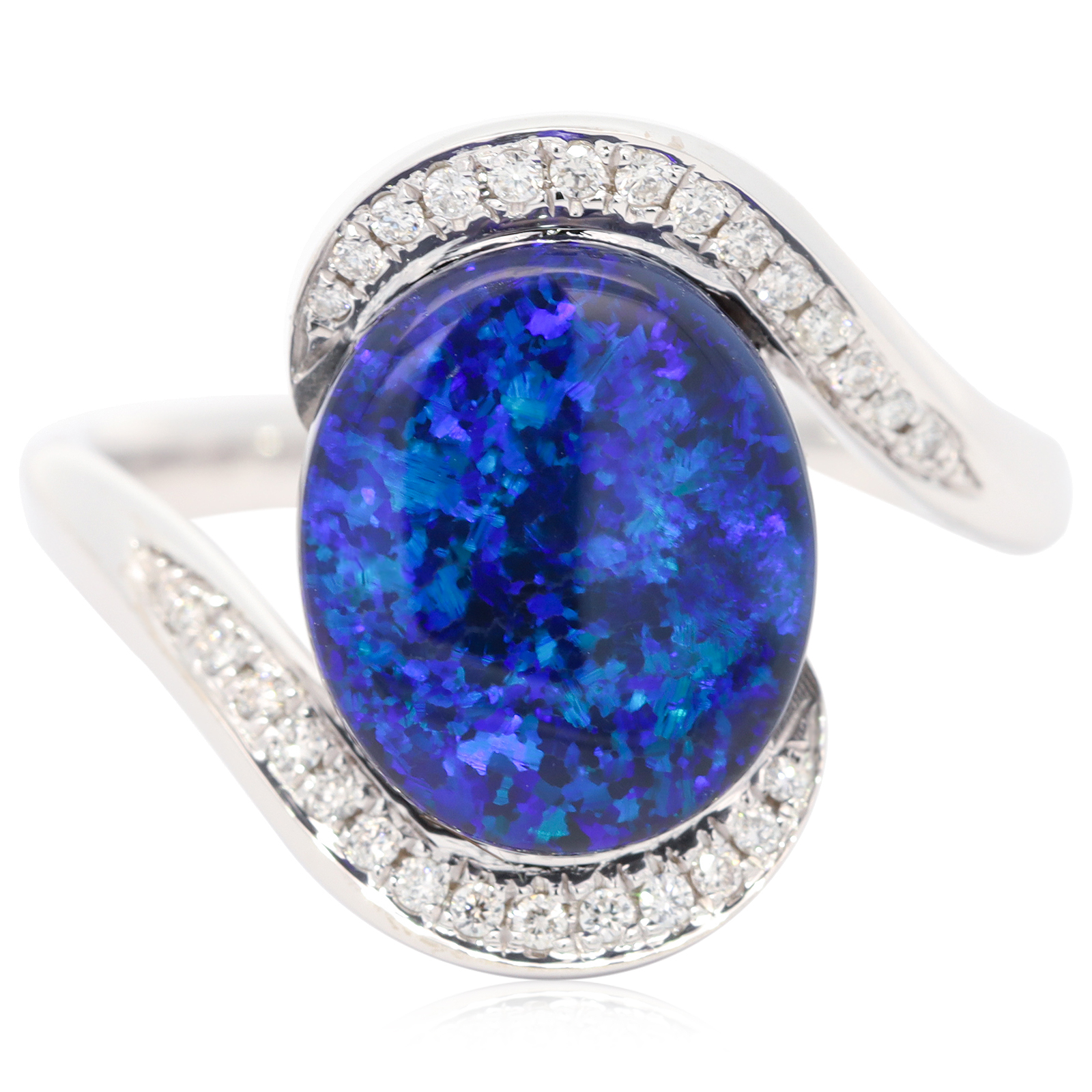 White Gold Blue Green Purple Black Opal and Diamond Ring