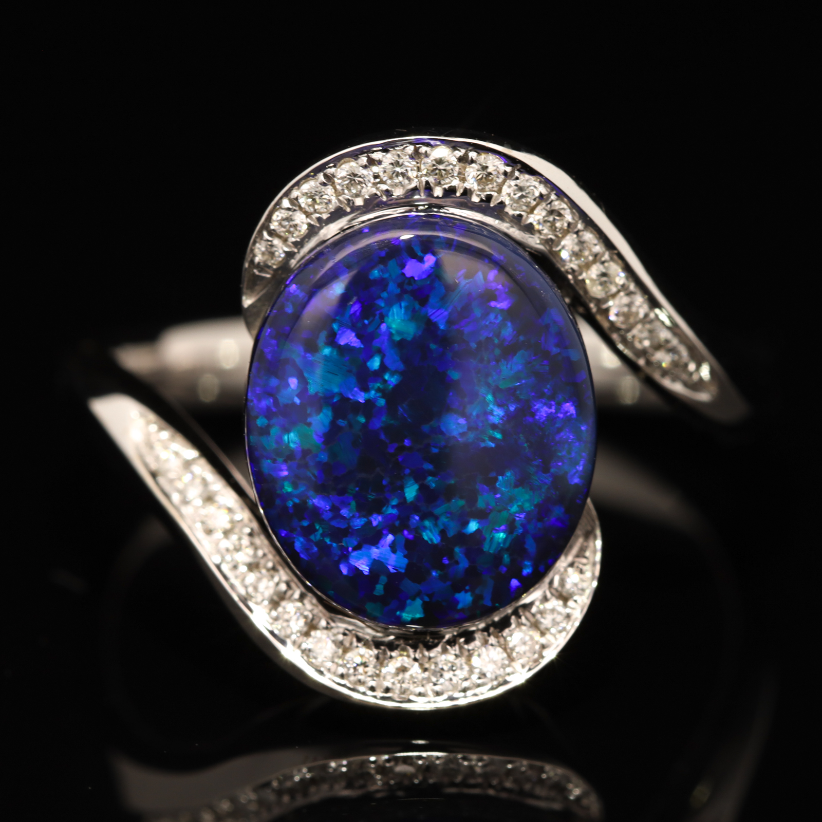 White Gold Blue Green Purple Black Opal and Diamond Ring