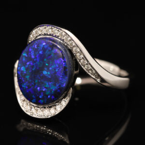 White Gold Blue Green Purple Black Opal and Diamond Ring