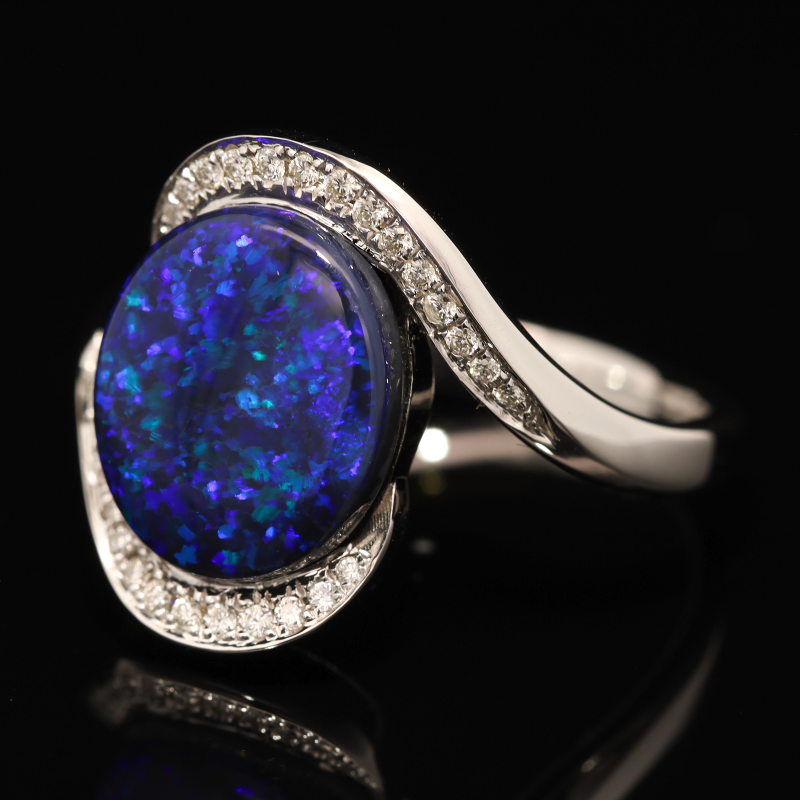 White Gold Blue Green Purple Black Opal and Diamond Ring