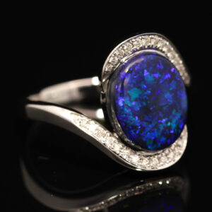 White Gold Blue Green Purple Black Opal and Diamond Ring