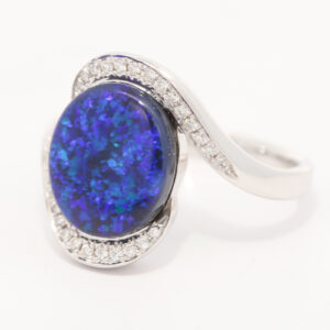 White Gold Blue Green Purple Black Opal and Diamond Ring