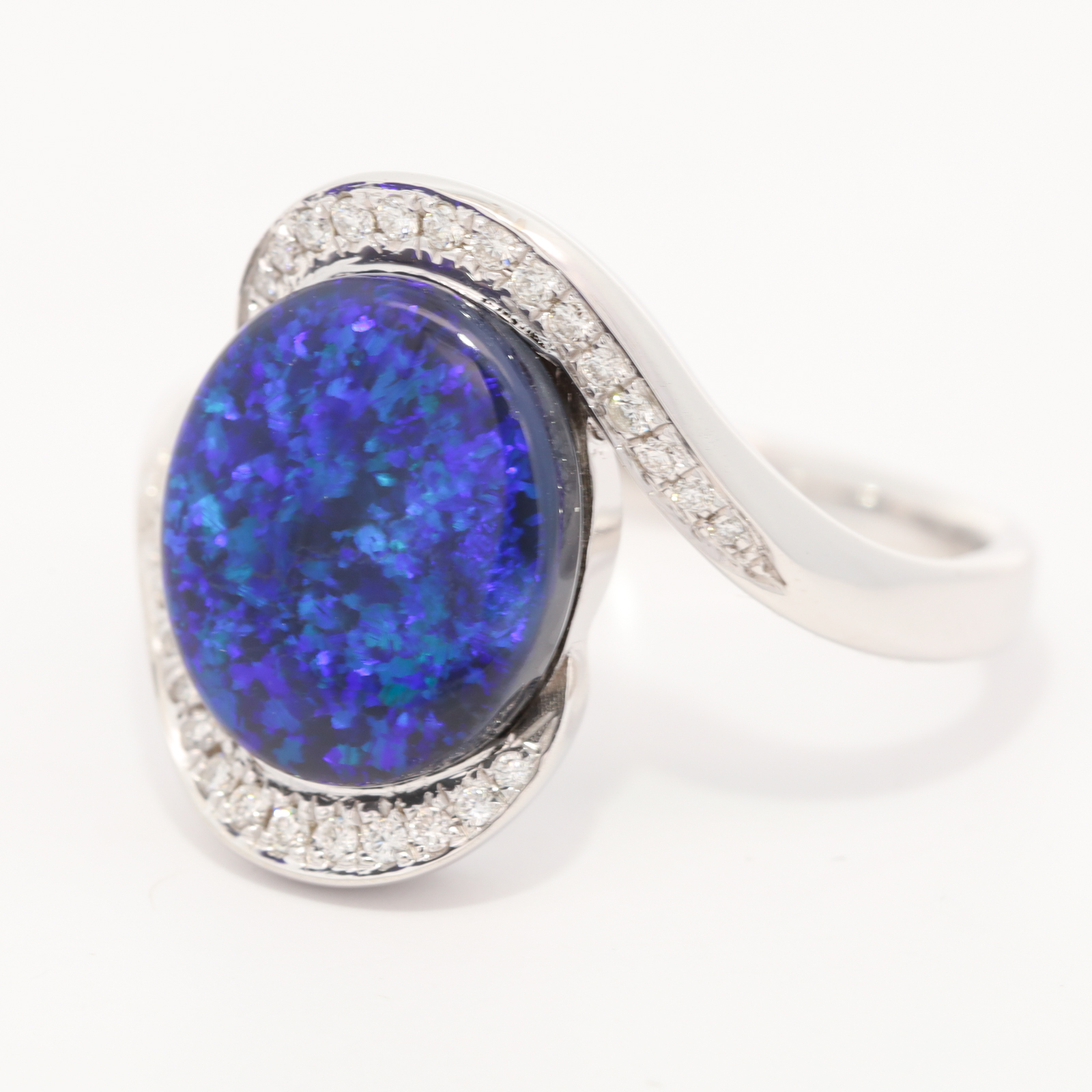 White Gold Blue Green Purple Black Opal and Diamond Ring