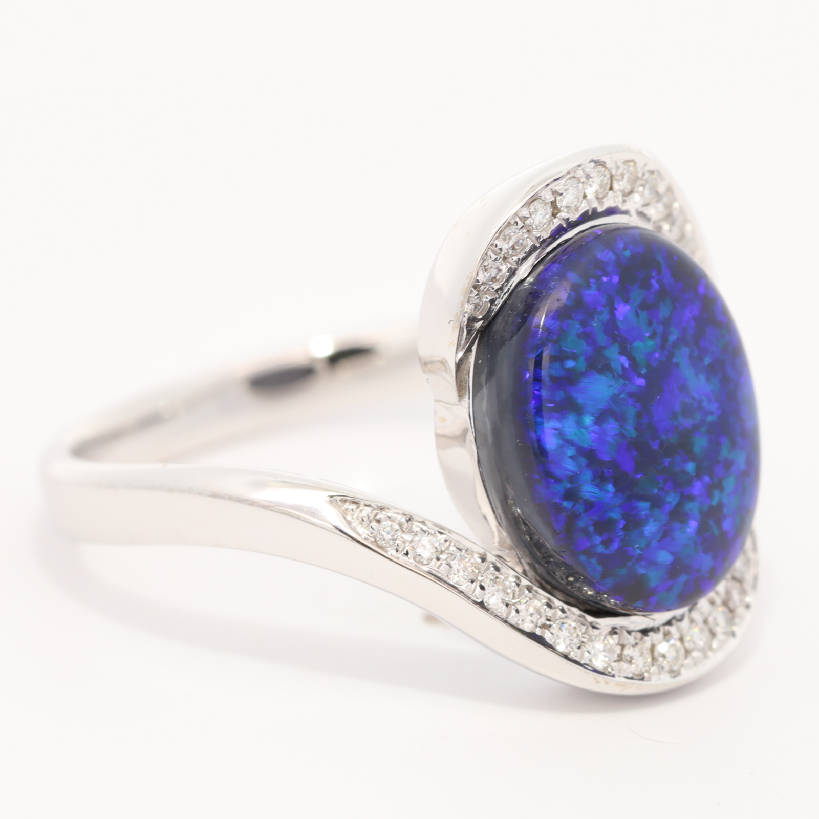 White Gold Blue Green Purple Black Opal and Diamond Ring