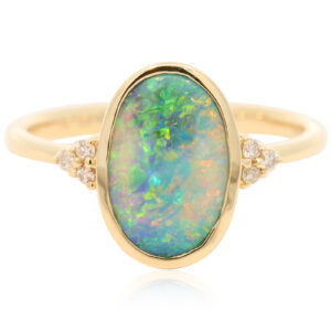 Yellow Gold Blue Green Yellow Orange Pink Black Crystal Opal and Diamond Ring