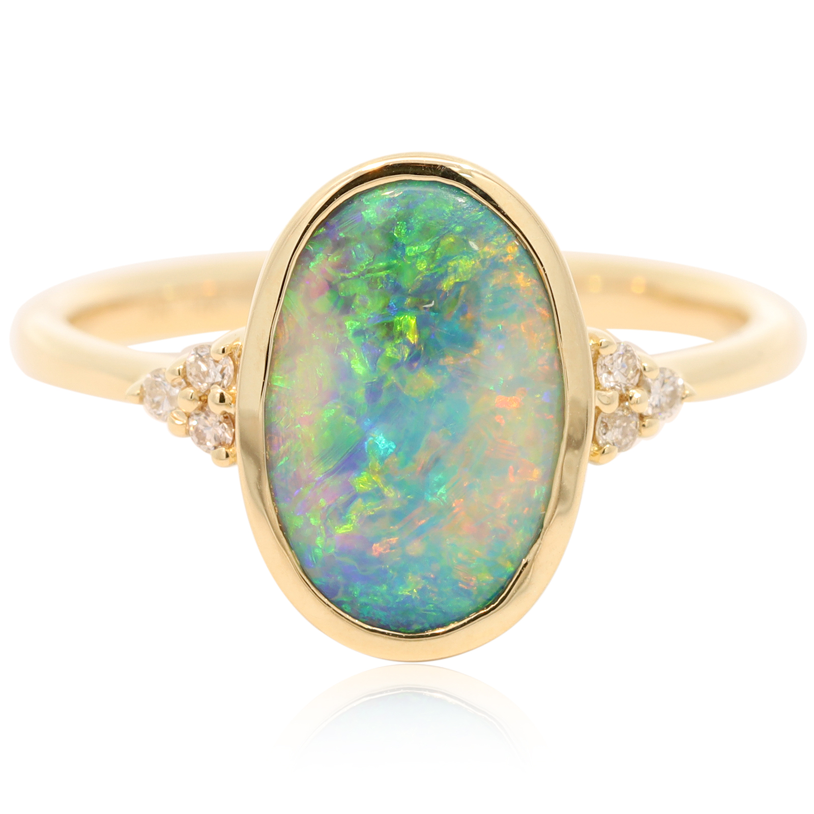 Yellow Gold Blue Green Yellow Orange Pink Black Crystal Opal and Diamond Ring