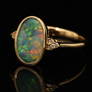 Yellow Gold Blue Green Yellow Orange Pink Black Crystal Opal and Diamond Ring