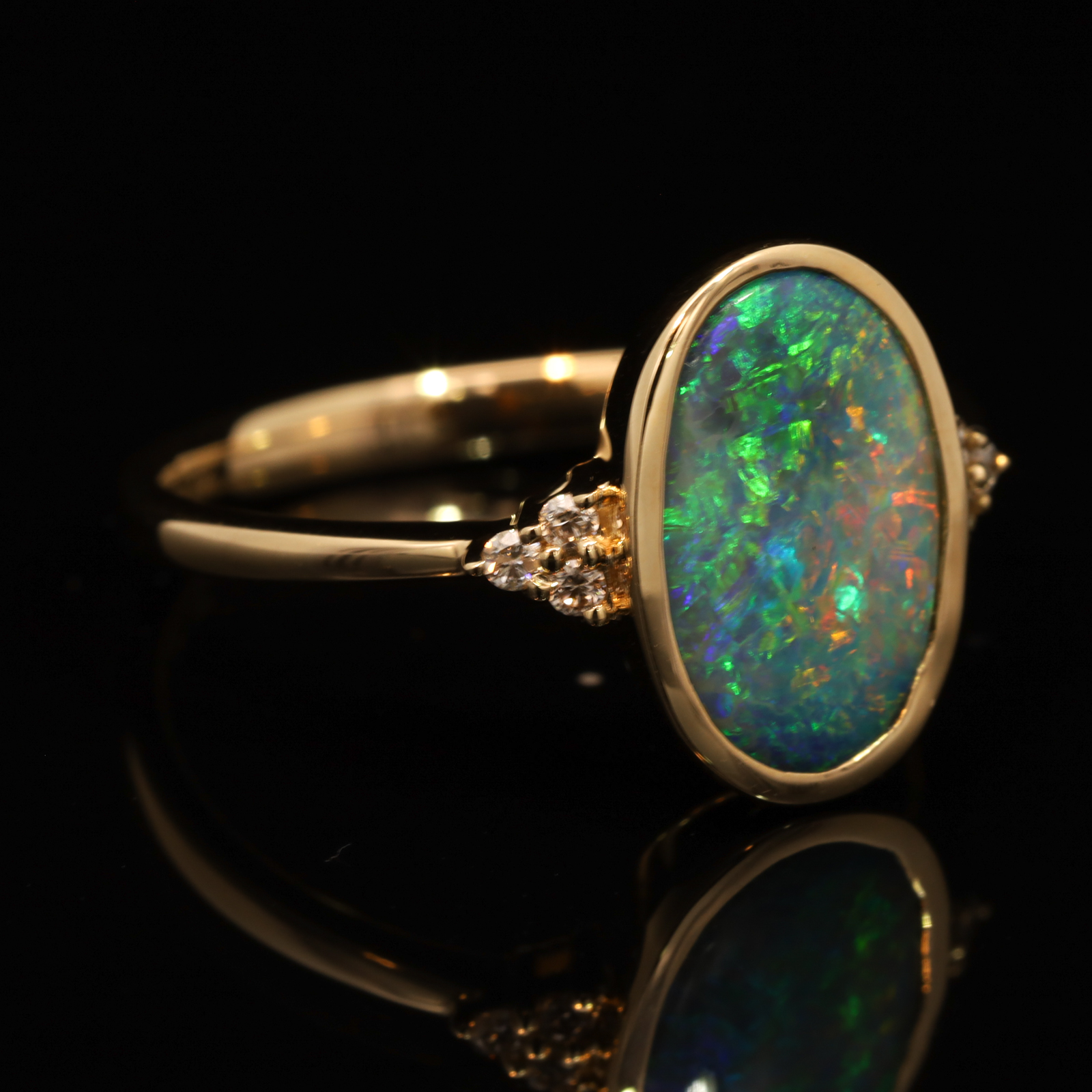 Yellow Gold Blue Green Yellow Orange Pink Black Crystal Opal and Diamond Ring