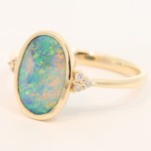 Yellow Gold Blue Green Yellow Orange Pink Black Crystal Opal and Diamond Ring
