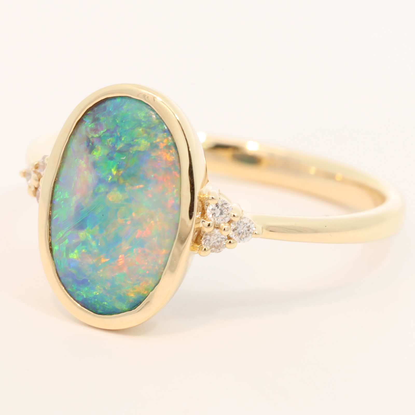 Yellow Gold Blue Green Yellow Orange Pink Black Crystal Opal and Diamond Ring