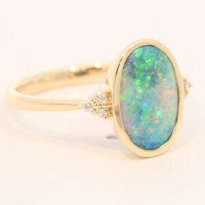 Yellow Gold Blue Green Yellow Orange Pink Black Crystal Opal and Diamond Ring