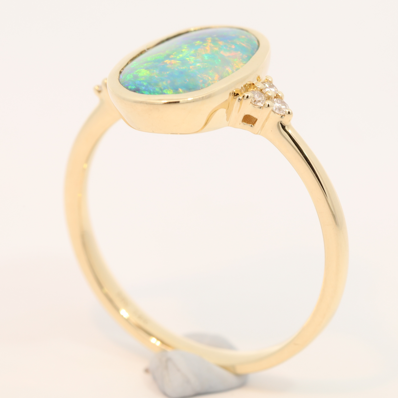 Yellow Gold Blue Green Yellow Orange Pink Black Crystal Opal and Diamond Ring