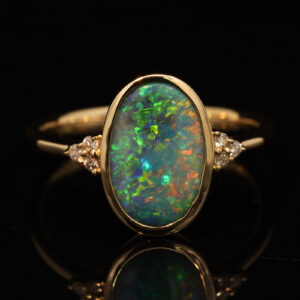 Yellow Gold Blue Green Yellow Orange Pink Black Crystal Opal and Diamond Ring