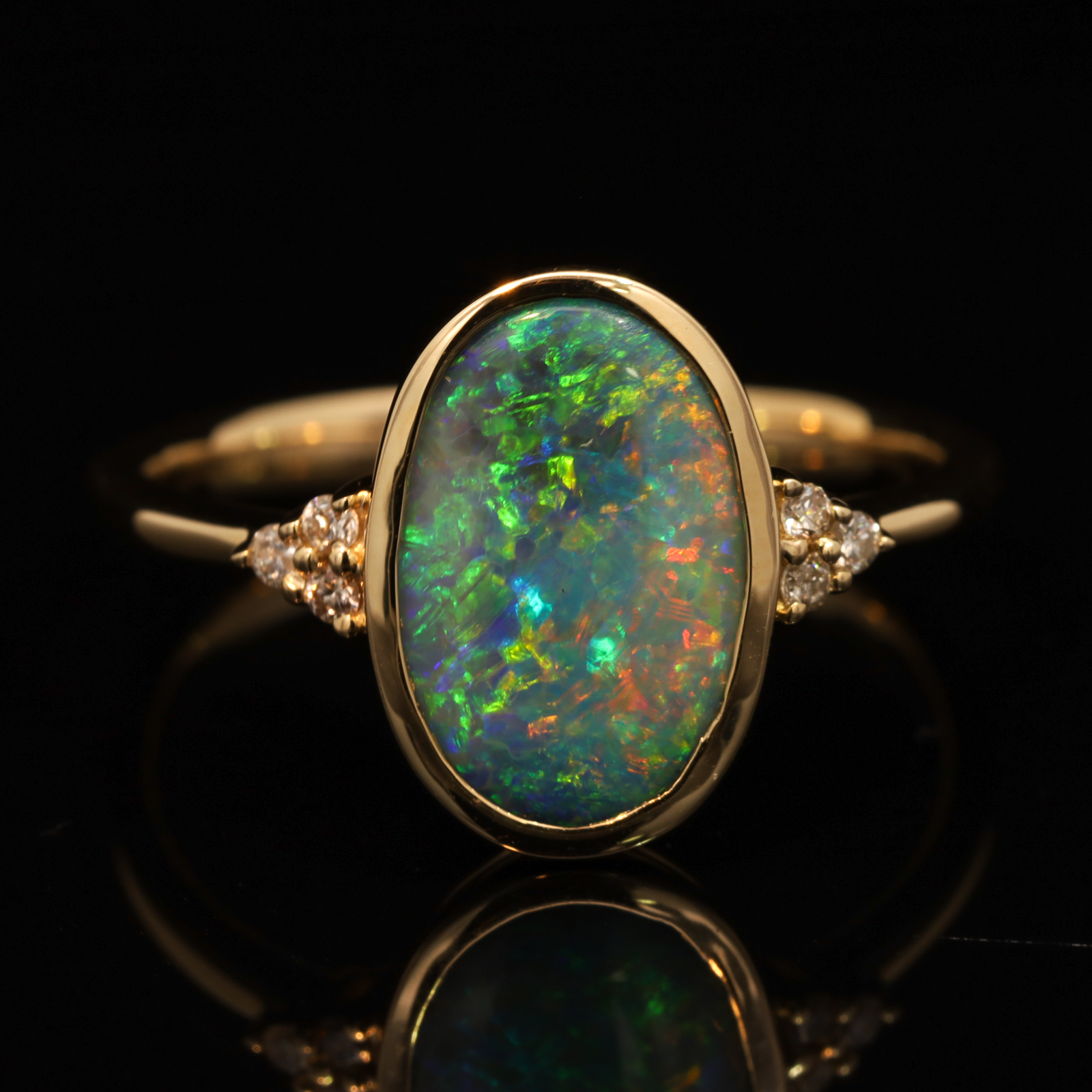 Yellow Gold Blue Green Yellow Orange Pink Black Crystal Opal and Diamond Ring