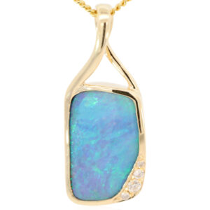 Yellow Gold Blue Green Boulder Opal and Diamond Pendant