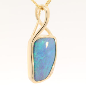 Yellow Gold Blue Green Boulder Opal and Diamond Pendant