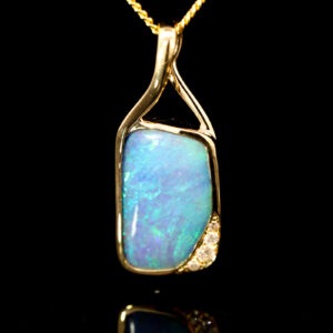 Yellow Gold Blue Green Boulder Opal and Diamond Pendant