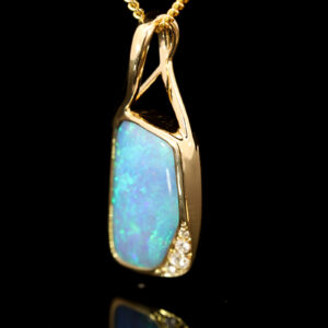Yellow Gold Blue Green Boulder Opal and Diamond Pendant