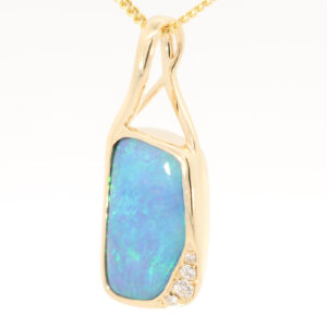 Yellow Gold Blue Green Boulder Opal and Diamond Pendant