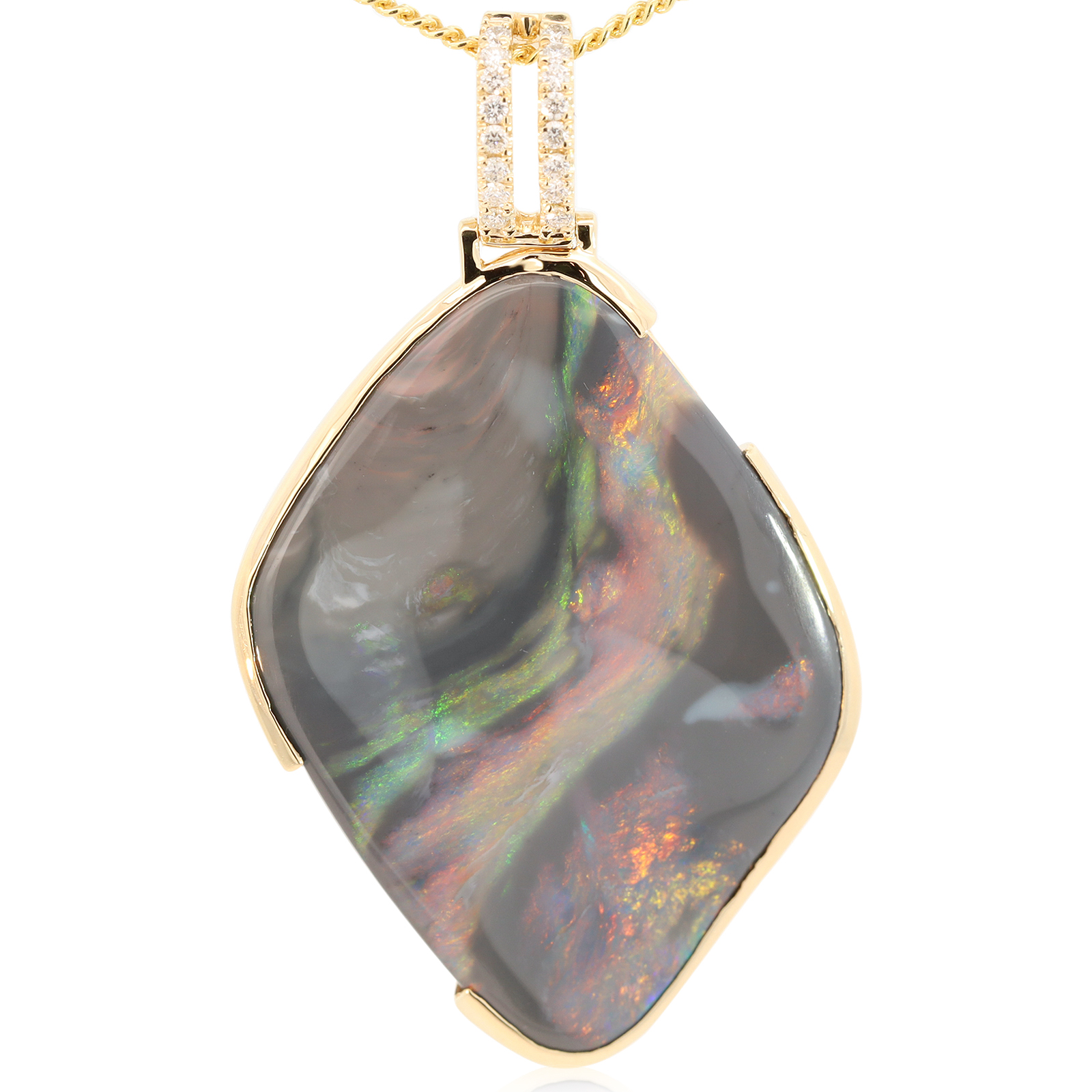 Yellow Gold Blue Green Yellow Orange Red Black Opal and Diamond Pendant