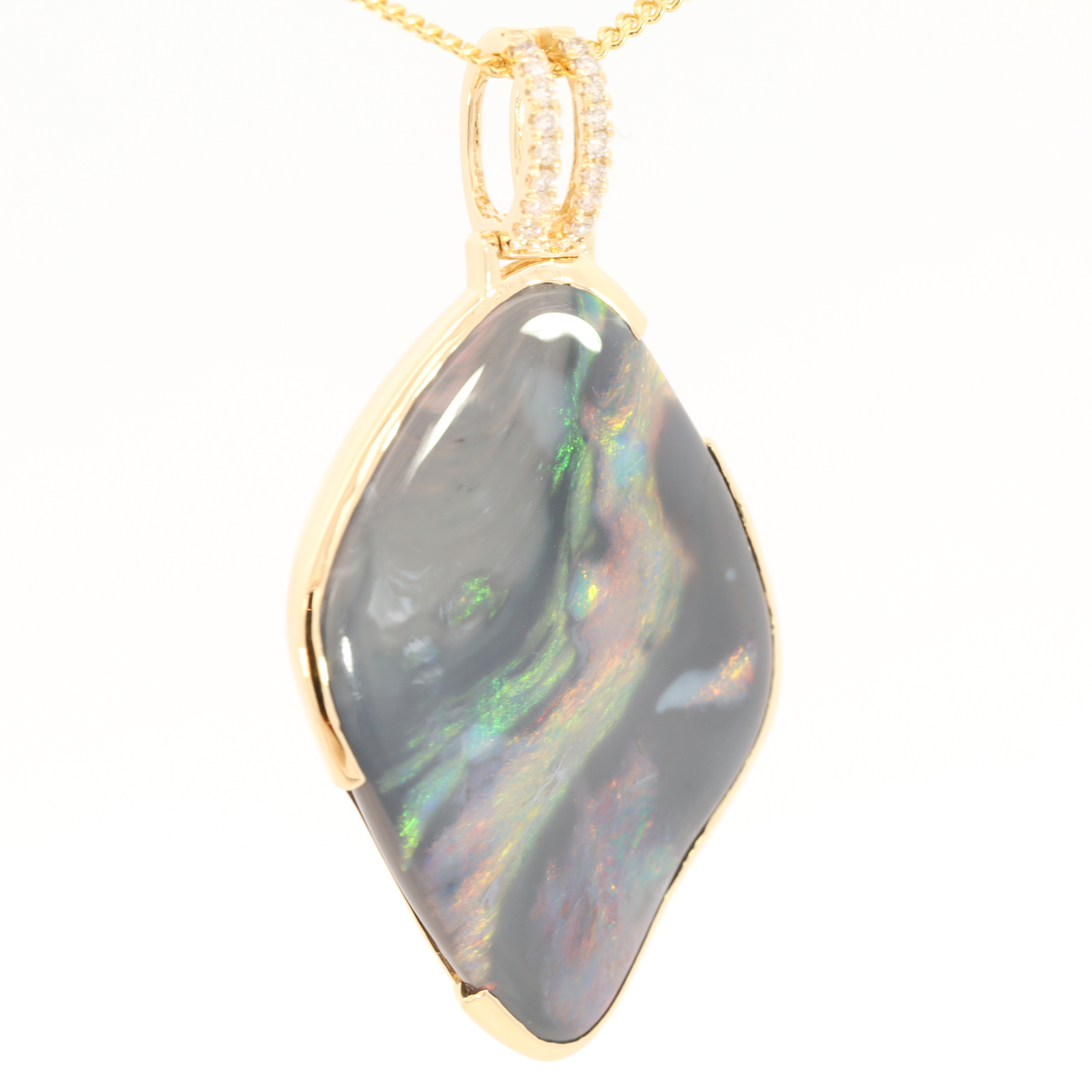 Yellow Gold Blue Green Yellow Orange Red Black Opal and Diamond Pendant