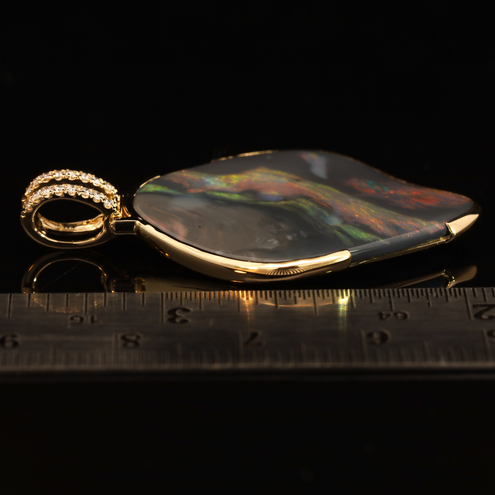 Yellow Gold Blue Green Yellow Orange Red Black Opal and Diamond Pendant