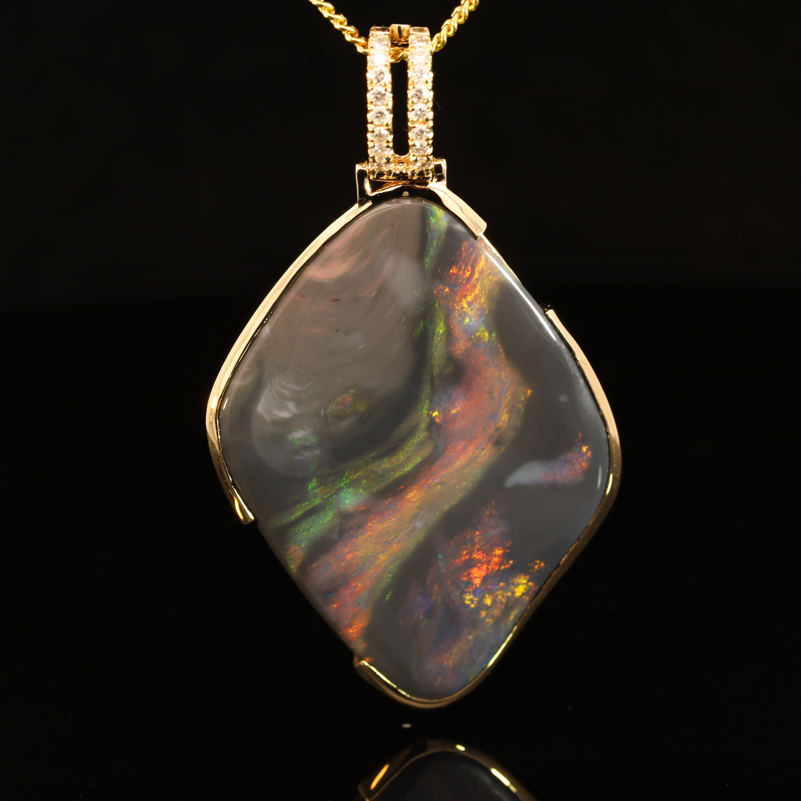 Yellow Gold Blue Green Yellow Orange Red Black Opal and Diamond Pendant