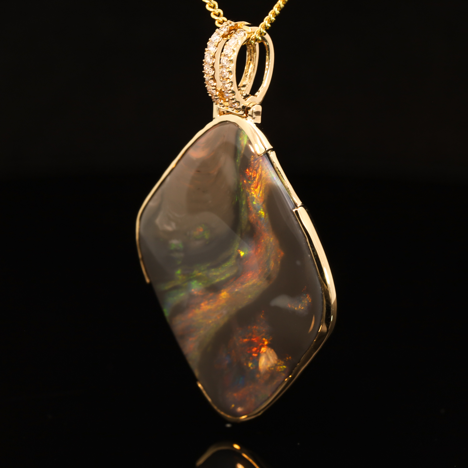 Yellow Gold Blue Green Yellow Orange Red Black Opal and Diamond Pendant