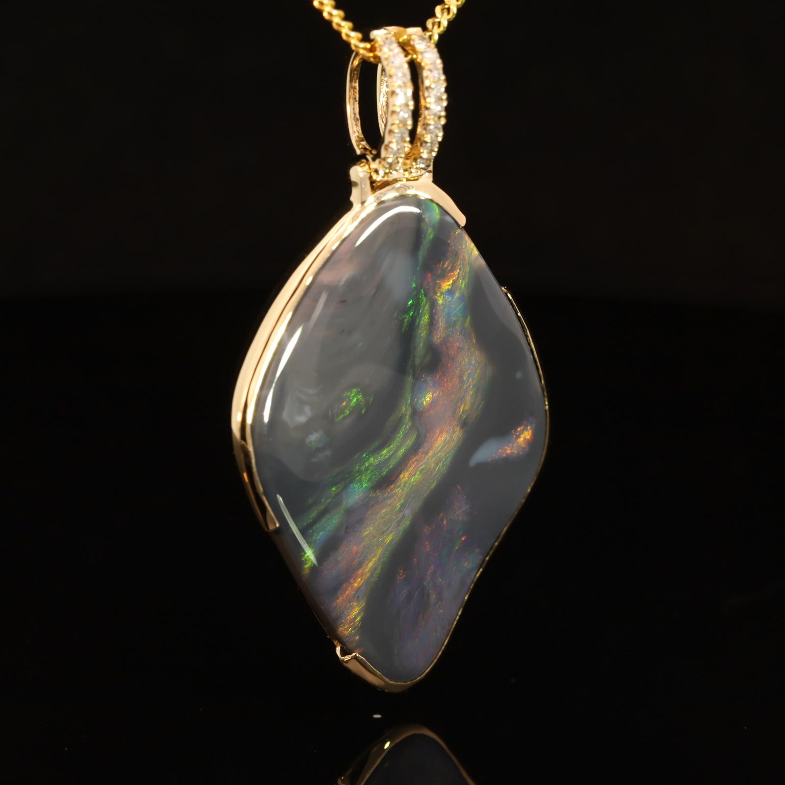 Yellow Gold Blue Green Yellow Orange Red Black Opal and Diamond Pendant