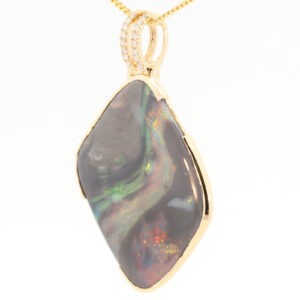 Yellow Gold Blue Green Yellow Orange Red Black Opal and Diamond Pendant