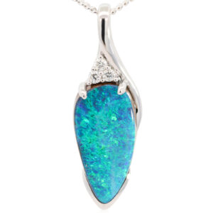White Gold Blue Green Boulder Opal and Diamond Pendant