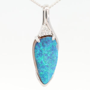 White Gold Blue Green Boulder Opal and Diamond Pendant
