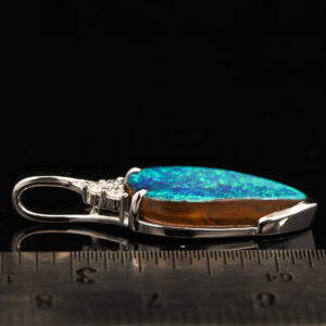White Gold Blue Green Boulder Opal and Diamond Pendant