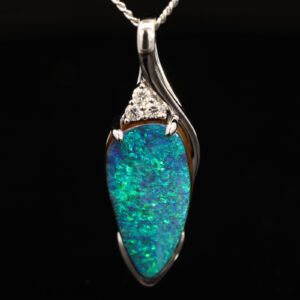 White Gold Blue Green Boulder Opal and Diamond Pendant