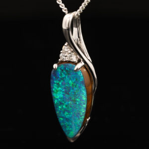 White Gold Blue Green Boulder Opal and Diamond Pendant