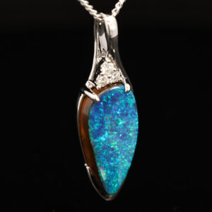 White Gold Blue Green Boulder Opal and Diamond Pendant