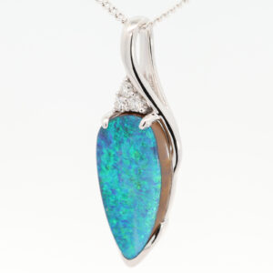 White Gold Blue Green Boulder Opal and Diamond Pendant