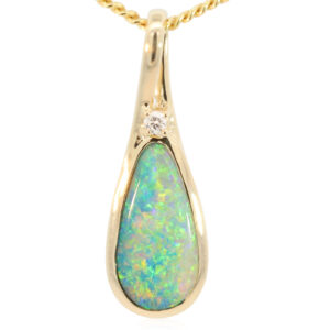 Yellow Gold Blue Green Yellow Orange Black Opal and Diamond Pendant