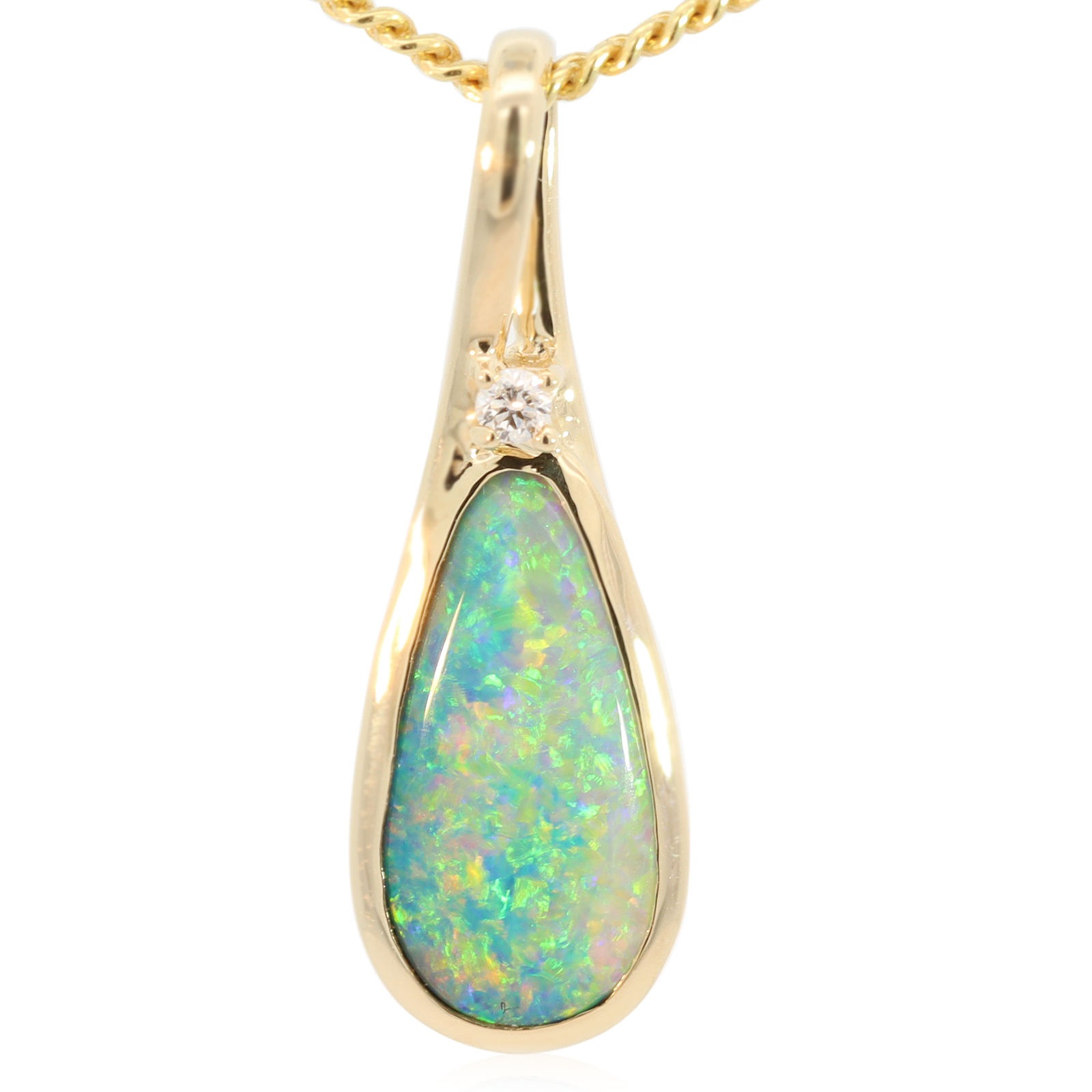 Yellow Gold Blue Green Yellow Orange Black Opal and Diamond Pendant