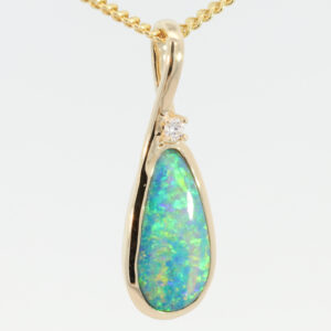 Yellow Gold Blue Green Yellow Orange Black Opal and Diamond Pendant