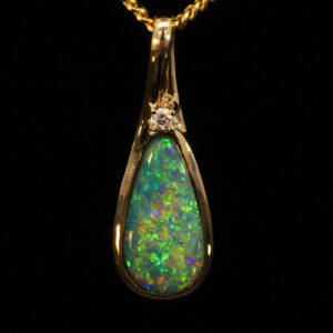 Yellow Gold Blue Green Yellow Orange Black Opal and Diamond Pendant
