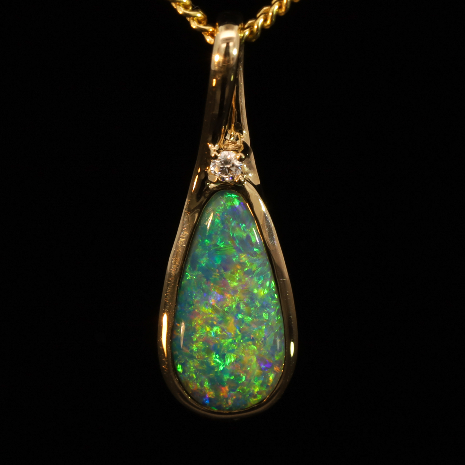 Yellow Gold Blue Green Yellow Orange Black Opal and Diamond Pendant