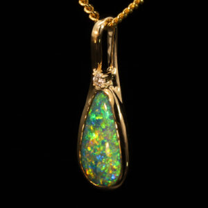 Yellow Gold Blue Green Yellow Orange Black Opal and Diamond Pendant