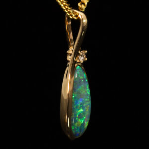 Yellow Gold Blue Green Yellow Orange Black Opal and Diamond Pendant